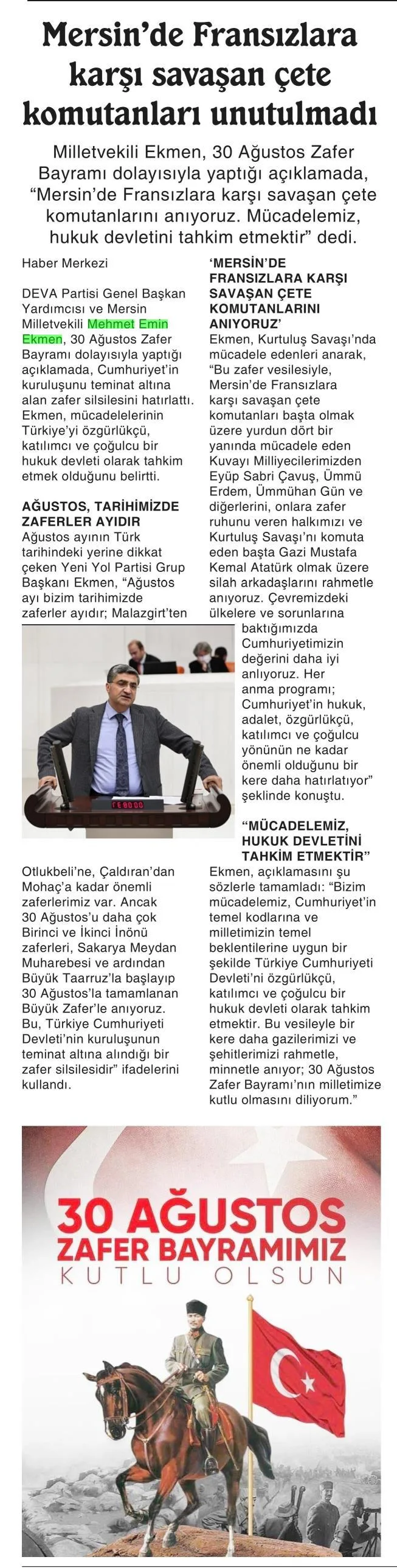 MERSİN'DE FRANSIZLARA KARŞI SAVAŞAN ÇETE KOMUTANLARI UNUTULMADI — gazete kupürü (2. parça)