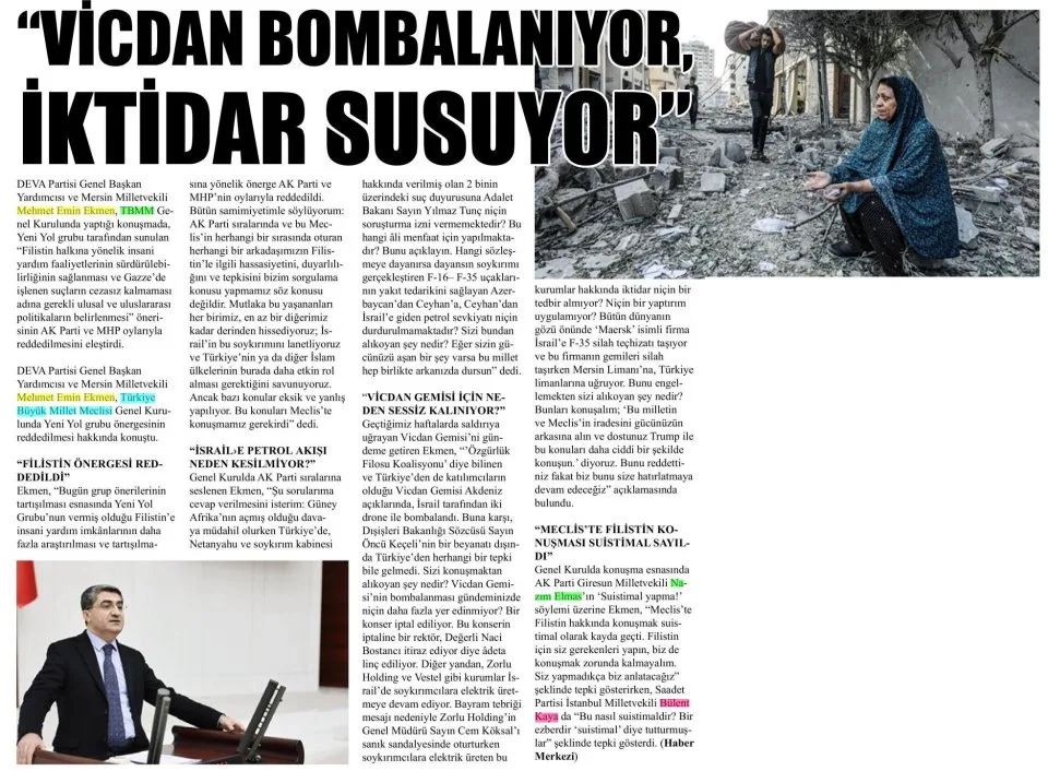VİCDAN BOMBALANIYOR İKTİDAR SUSUYOR — gazete kupürü