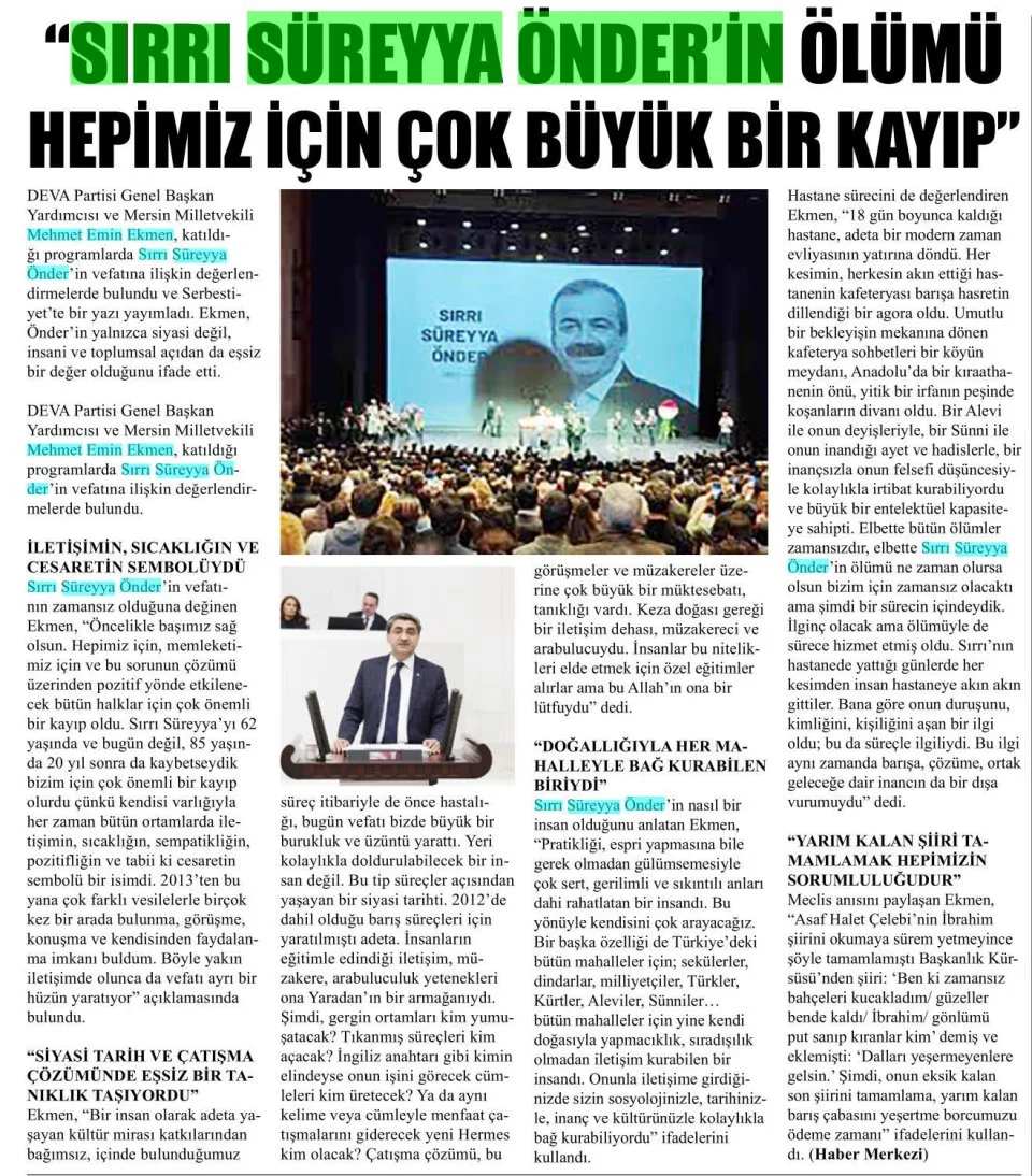 EKMEN, SIRRI SÜREYYA'YI ANDI — gazete kupürü