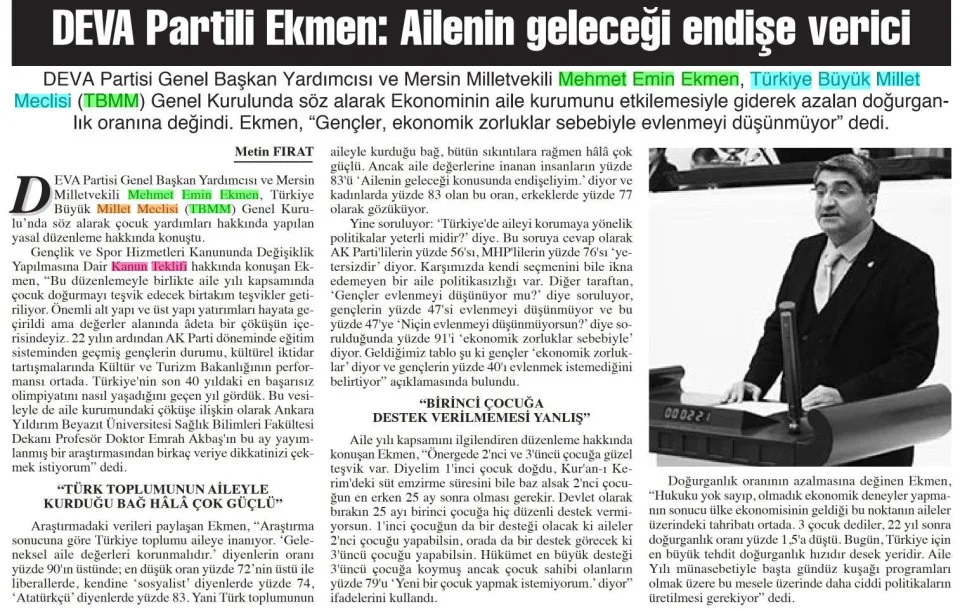 DEVA PARTİLİ EKMEN: AİLENİN GELECEĞİ ENDİŞE VERİCİ — gazete kupürü