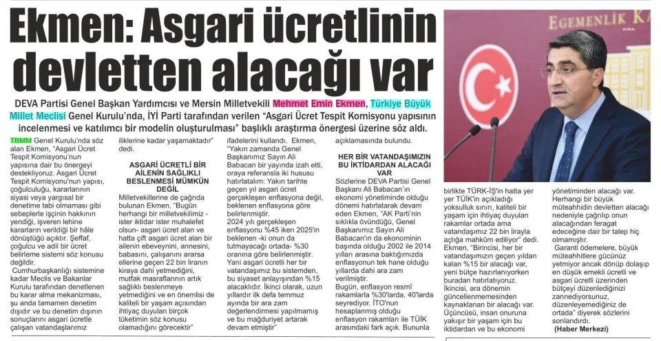 EKMEN: ASGARİ ÜCRETLİNİN DEVLETTEN ALACAĞI VAR — gazete kupürü