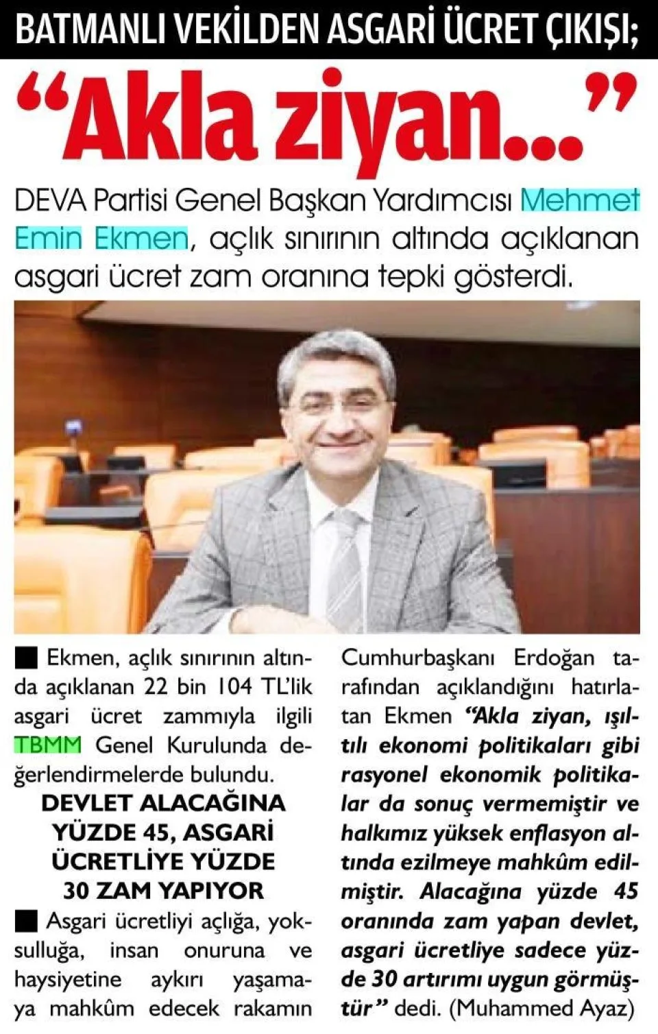 "AKLA ZİYAN'' — gazete kupürü
