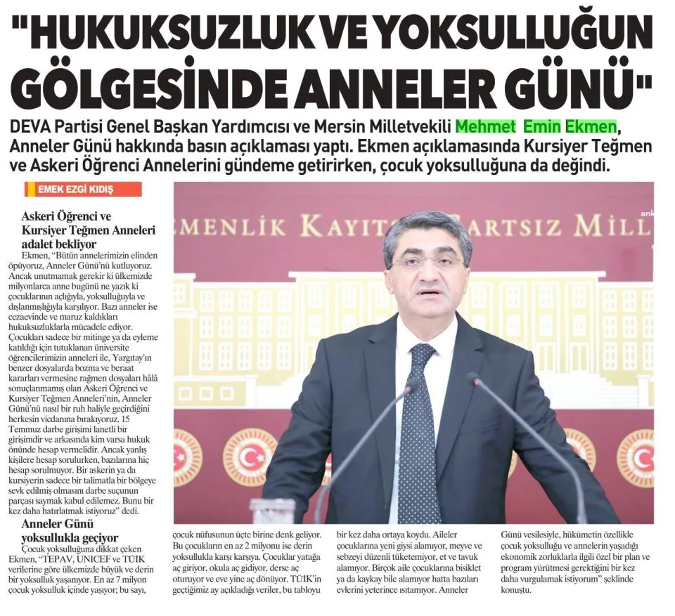 HUKUKSUZLUK GÖLGESİNDE ANNELER GÜNÜ — gazete kupürü