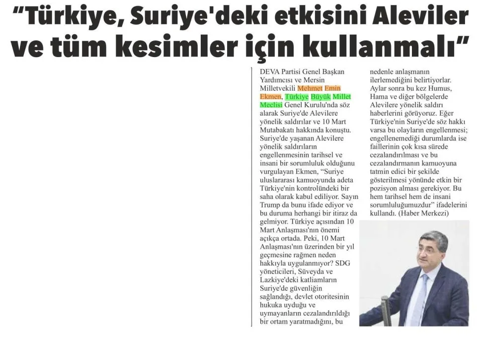 "TÜRKİYE, SURİYE'DEKİ ETKİSİNİ ALEVİLER VE TÜM KESİMLER İÇİN KULLANMALI" — gazete kupürü