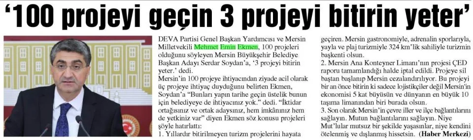 100 PROJEYİ GEÇİN 3 PROJEYİ BİTİRİN YETER — gazete kupürü