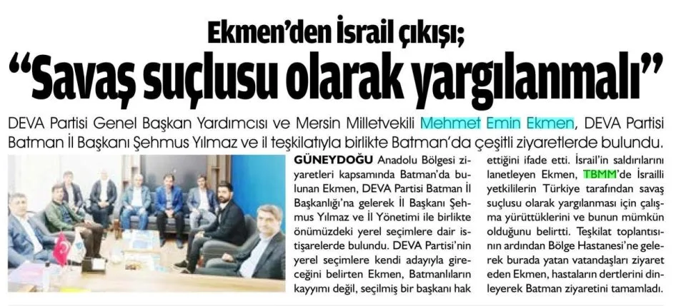 EKMEN'DEN İSRAİL ÇIKIŞI — gazete kupürü