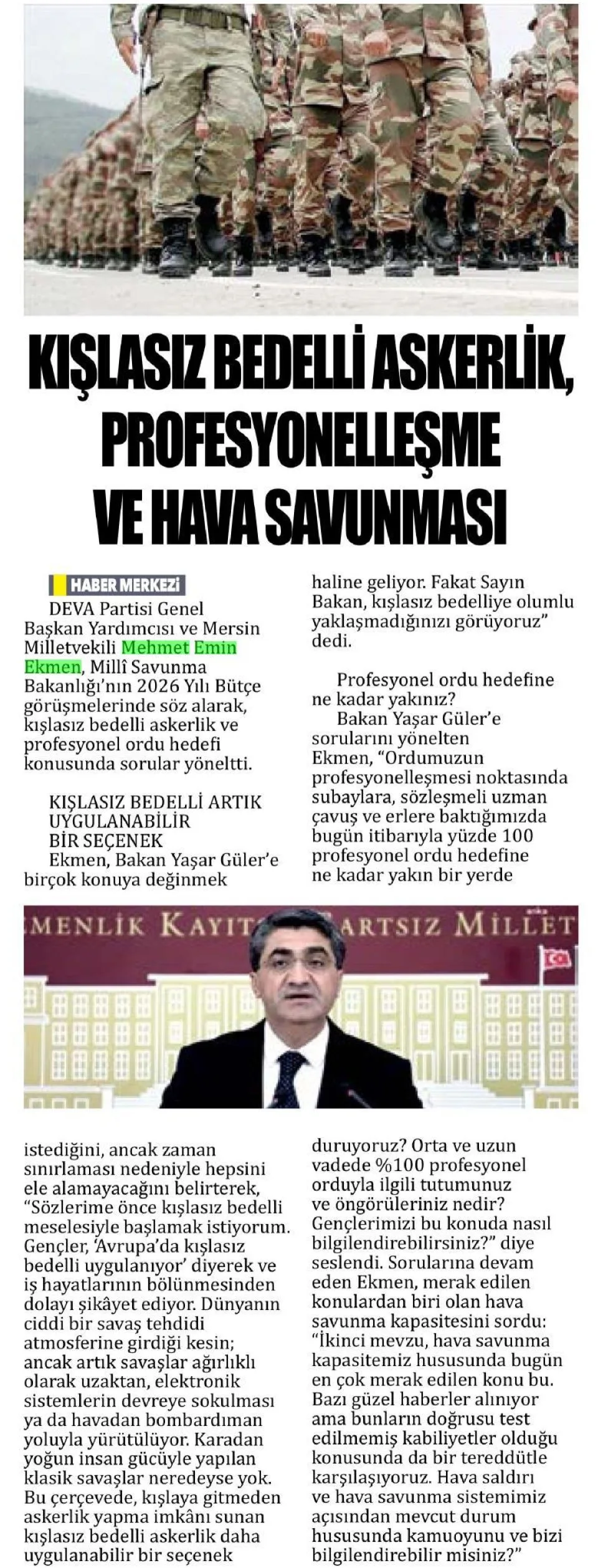 KIŞLASIZ BEDELLİ ASKERLİK, PROFESYONELLEŞME VE HAVA SAVUNMASI — gazete kupürü