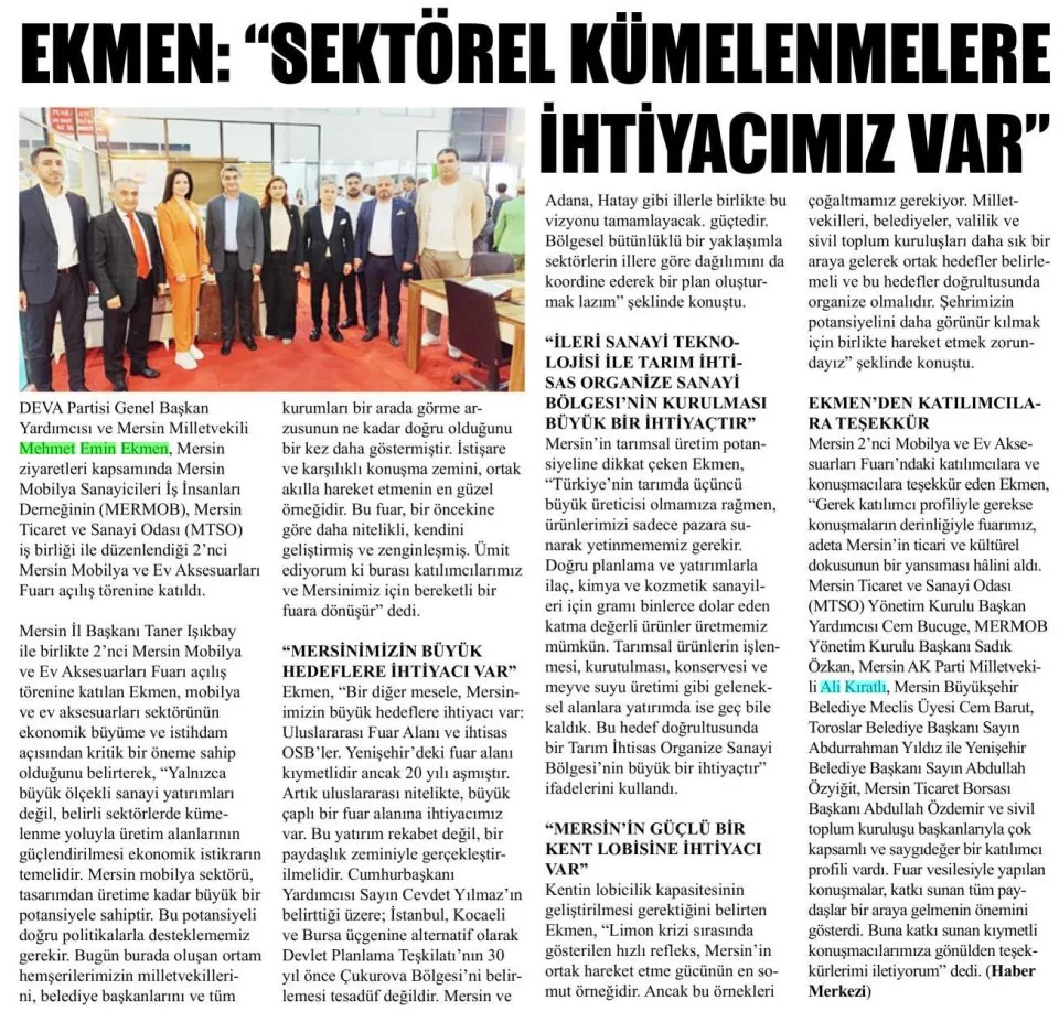 SEKTÖREL KÜMELENMELERE İHTİYACIMIZ VAR — gazete kupürü