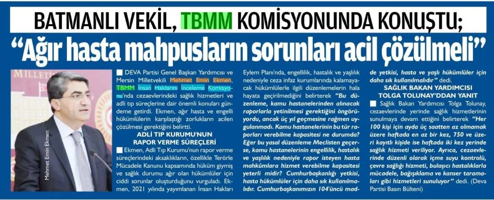 BATMANLI VEKİL TBMM KOMİSYONUNDA KONUŞTU — gazete kupürü