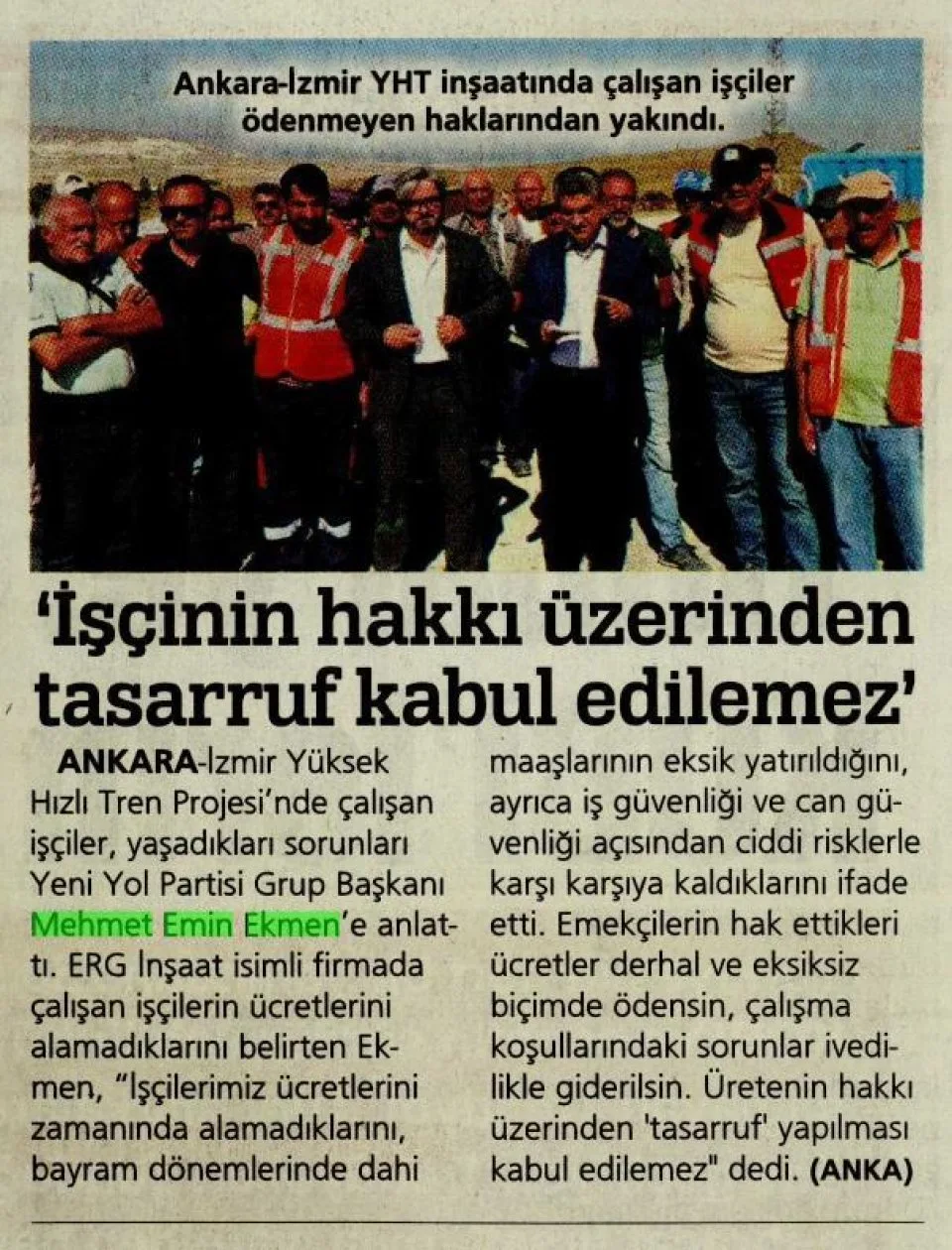 İŞÇİNİN HAKKI ÜZERİNDEN TASARRUF KABUL EDİLEMEZ — gazete kupürü