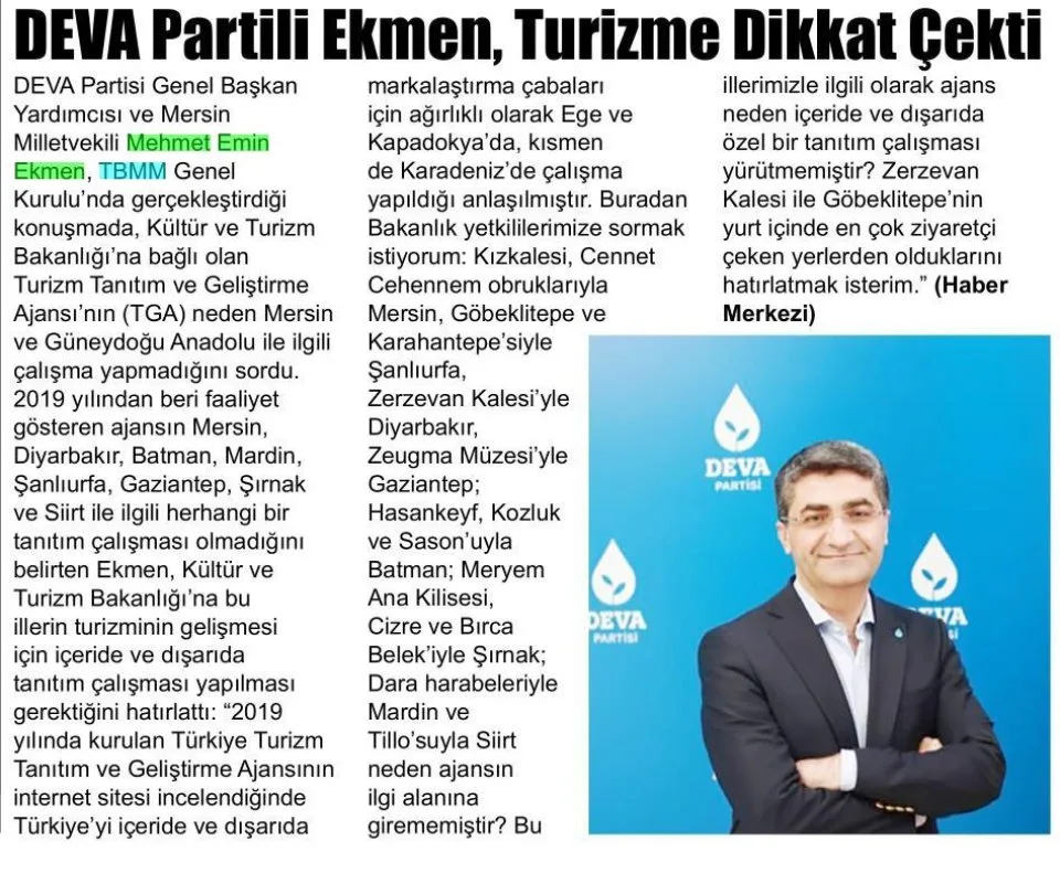 DEVA PARTİLİ EKMEN, TURİZME DİKKAT ÇEKTİ — gazete kupürü
