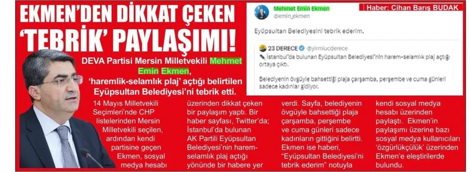 EKMEN'DEN DİKKAT ÇEKEN TEBRİK PAYLAŞIMI! — gazete kupürü