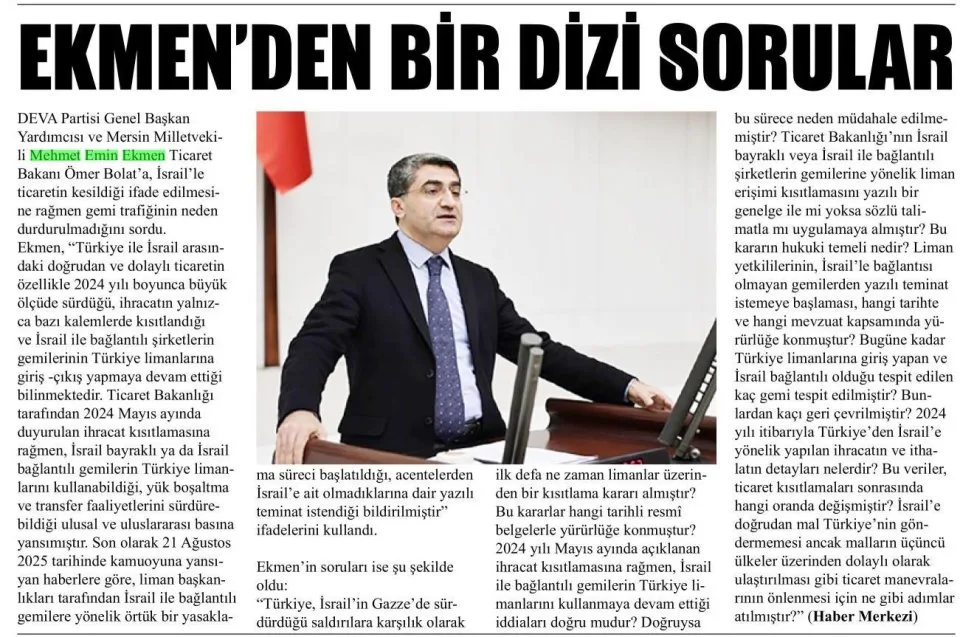 İSRAİL'LE GEMİ TRAFİĞİ NEDEN KESİLMEDİ — gazete kupürü