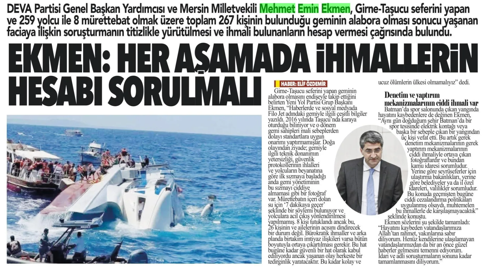 EKMEN: HER AŞAMADA İHMALLERİN HESABI SORULMALI — gazete kupürü (2. parça)