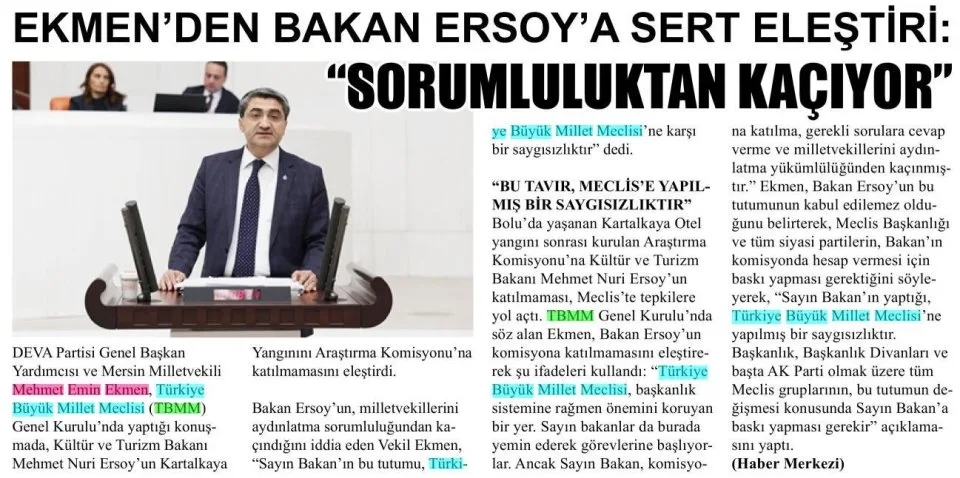 EKMEN'DEN BAKAN ERSOY'A SERT ELEŞTİRİ: — gazete kupürü