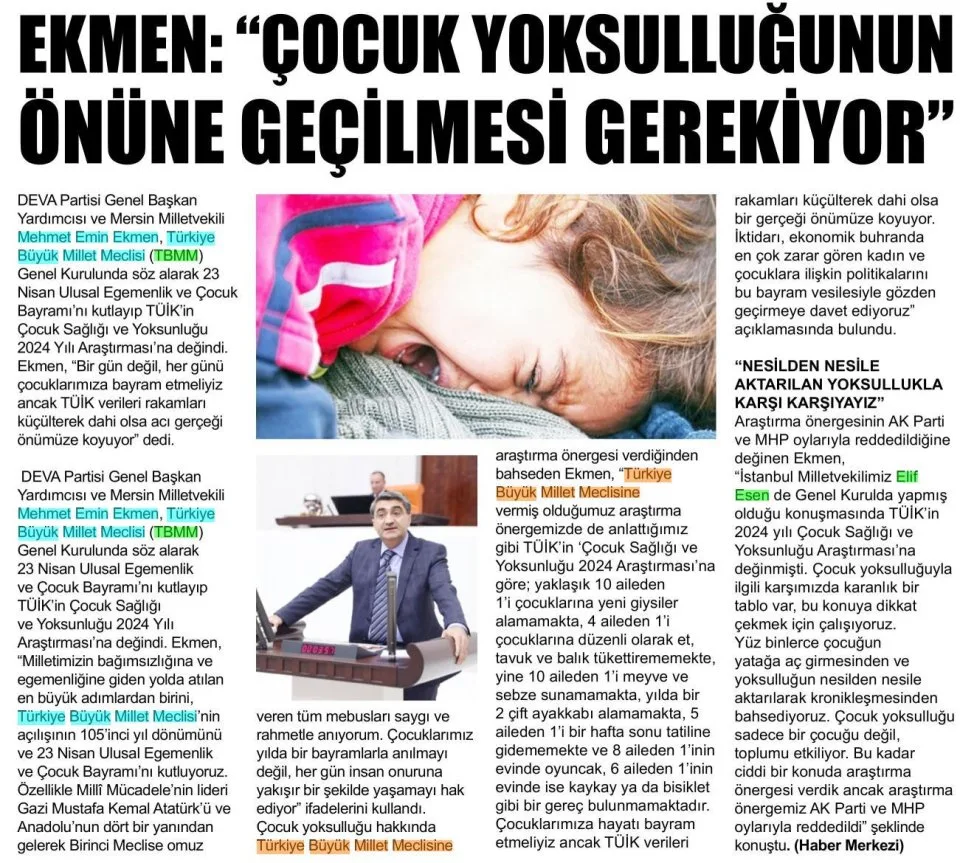 EKMEN: ÇOCUK YOKSULLUĞUNUN ÖNÜNE GEÇİLMESİ GEREKİYOR — gazete kupürü