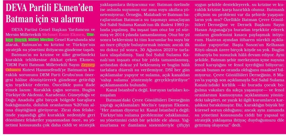 DEVA PARTİLİ EKMEN'DEN BATMAN İÇİN SU ALARMI — gazete kupürü