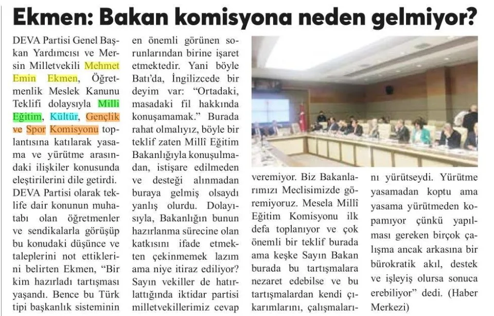 BAKAN KOMİSYONA NEDEN GELMİYOR — gazete kupürü
