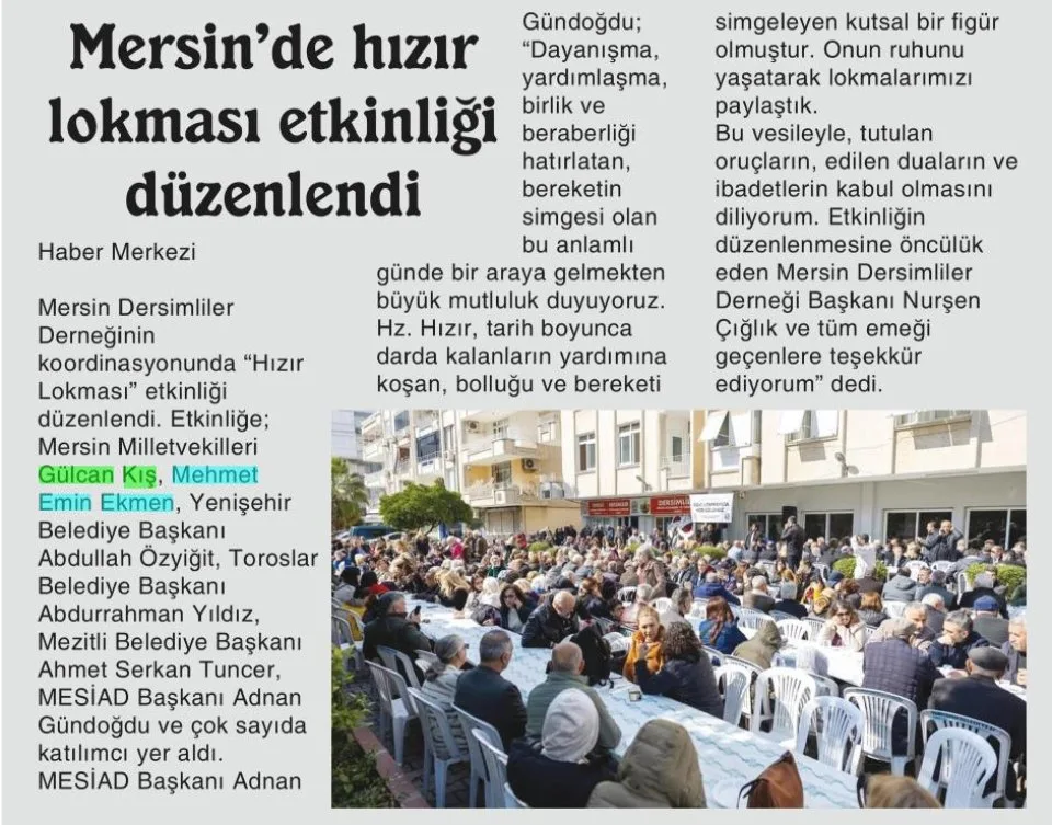 MERSİN'DE HIZIR LOKMASI ETKİNLİĞİ DÜZENLENDİ — gazete kupürü