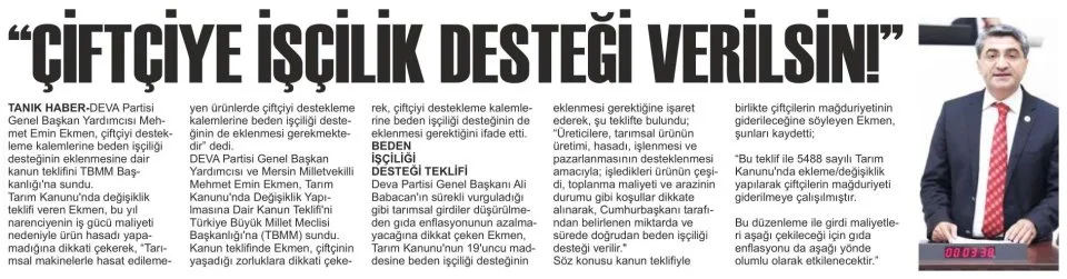 "ÇİFTÇİYE İSÇİLİK DESTEĞİ VERİLSİN! — gazete kupürü