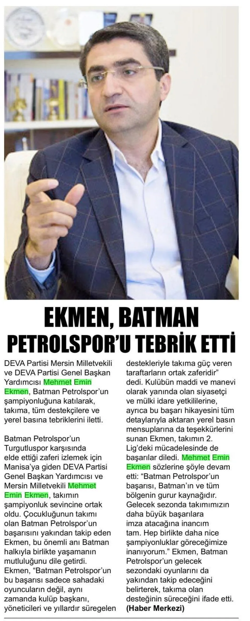 EKMEN BATMAN PETROLSPOR U TEBRİK ETTİ — gazete kupürü