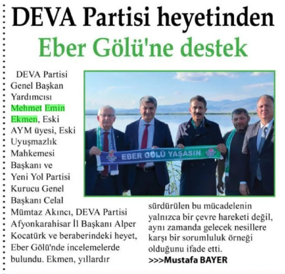 DEVA PARTİSİ HEYETİNDEN EBER GÖLÜ'NE DESTEK — gazete kupürü