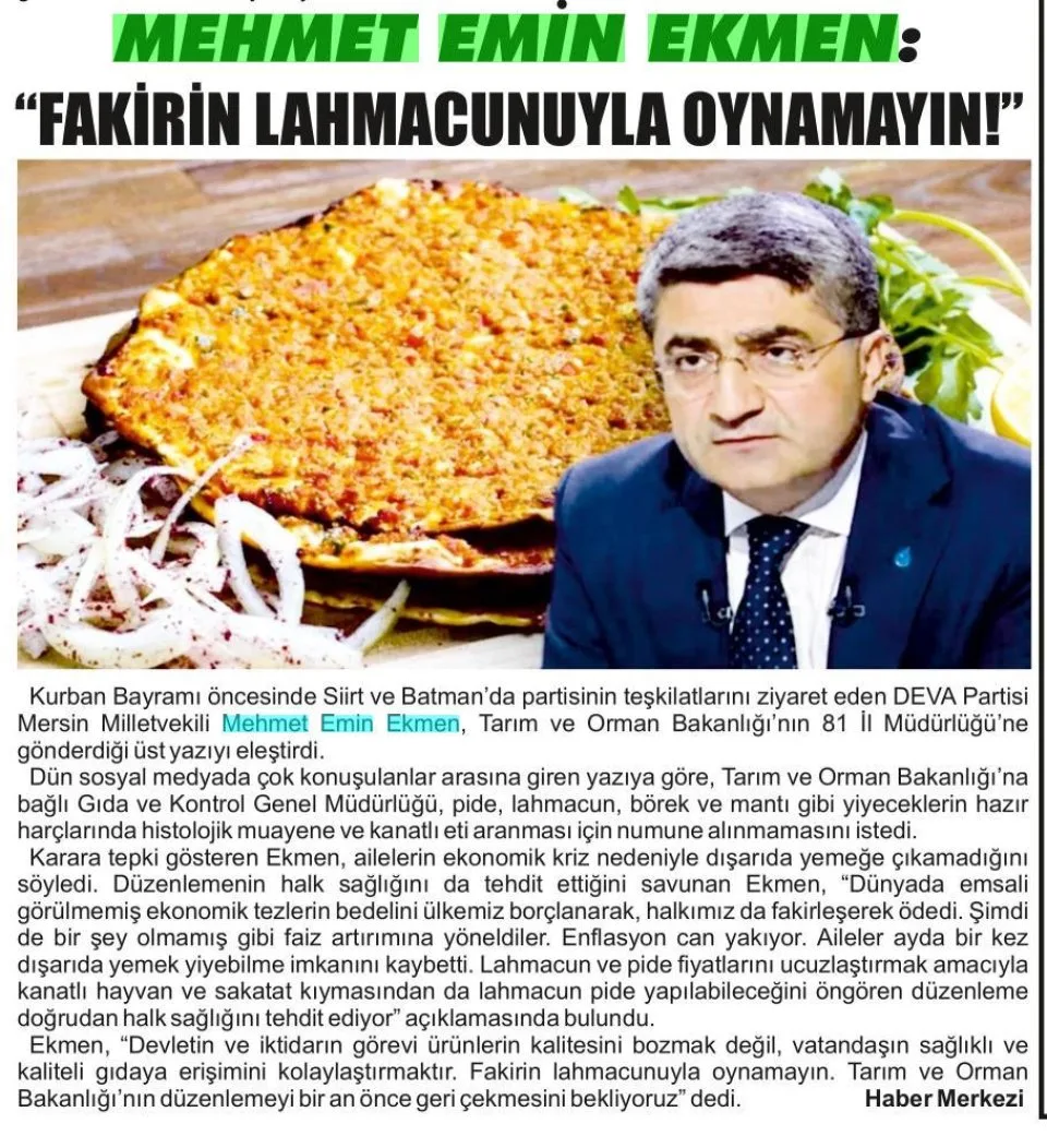 MEHMET EMİN EKMEN: FAKİRİN LAHMACUNUYLA OYNAMAYIN — gazete kupürü