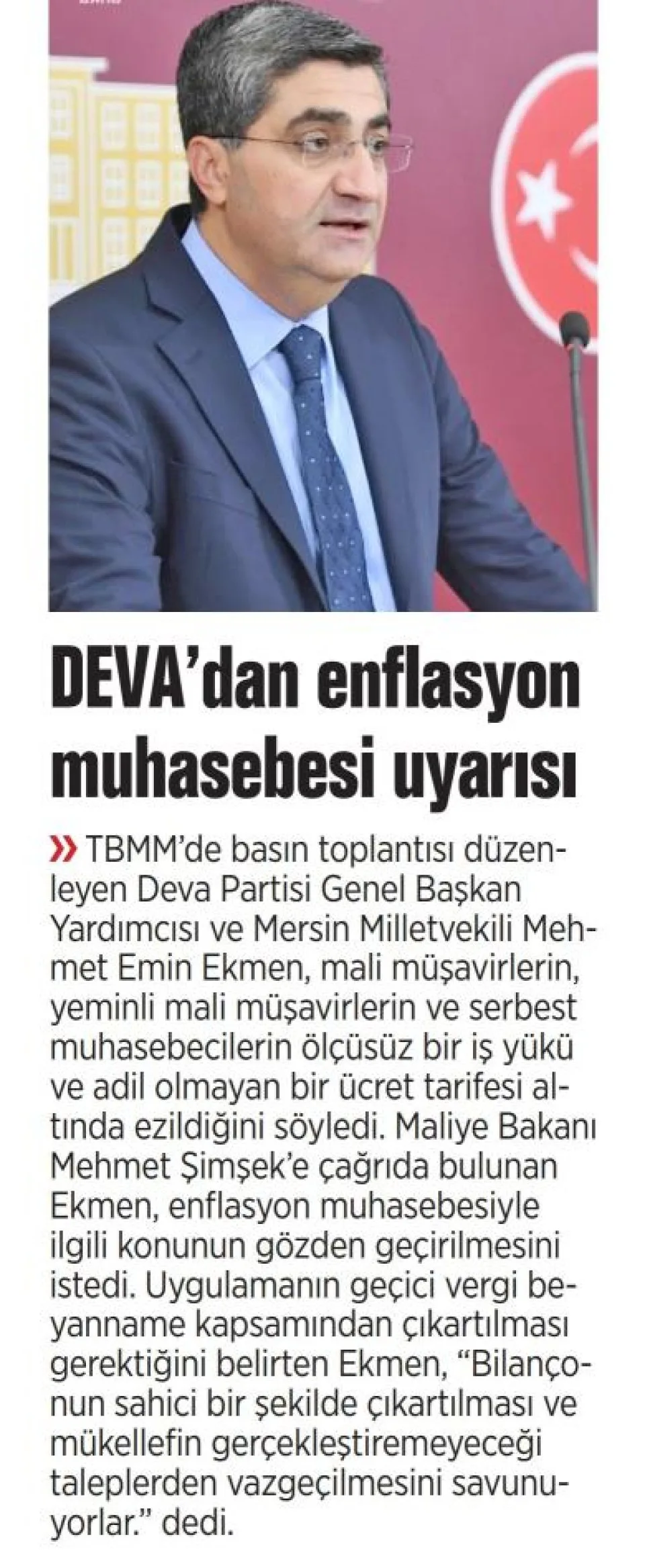 DEVA'DAN ENFLASYON MUHASEBESİ UYARISI — gazete kupürü