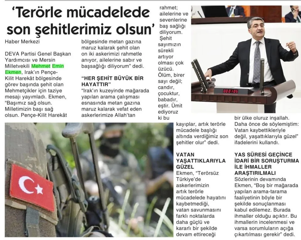 'TERÖRLE MÜCADELEDE SON ŞEHİTLERİMİZ OLSUN' — gazete kupürü