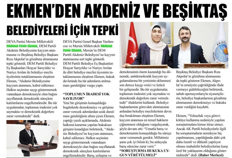 EKMENDEN AKDENİZ VE BEŞİKTAŞ BELEDİYELERİ İÇİN TEPKİ — gazete kupürü