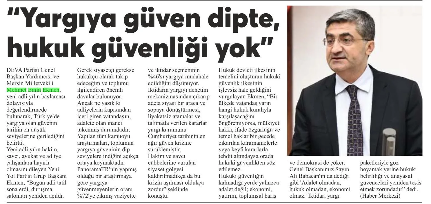 "YARGIYA GÜVEN DİPTE, HUKUK GÜVENLİĞİ YOK" — gazete kupürü