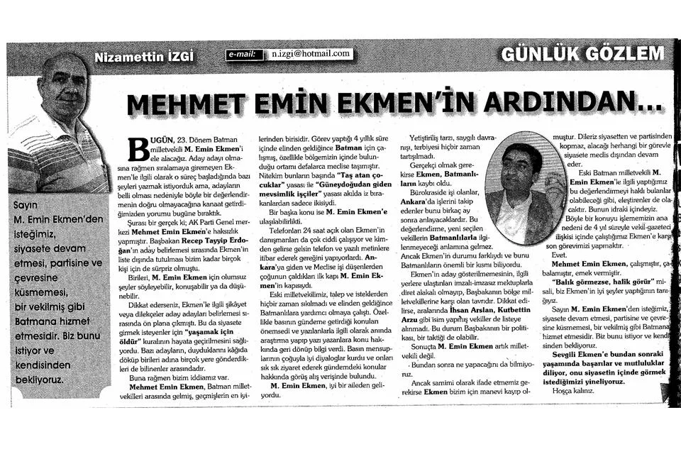 Nizemettin İzgi: Mehmet Emin EKMEN'in ardından — gazete kupürü