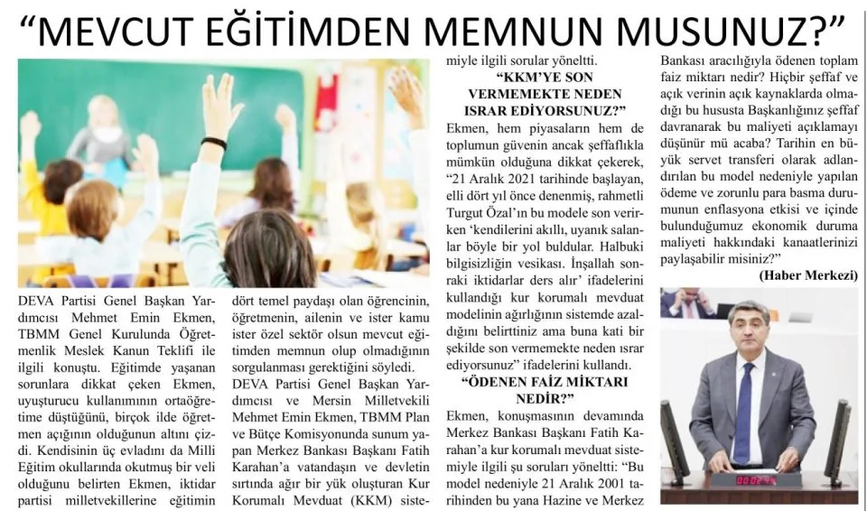 MEVCUT EĞİTİMDEN MEMNUN MUSUNUZ — gazete kupürü