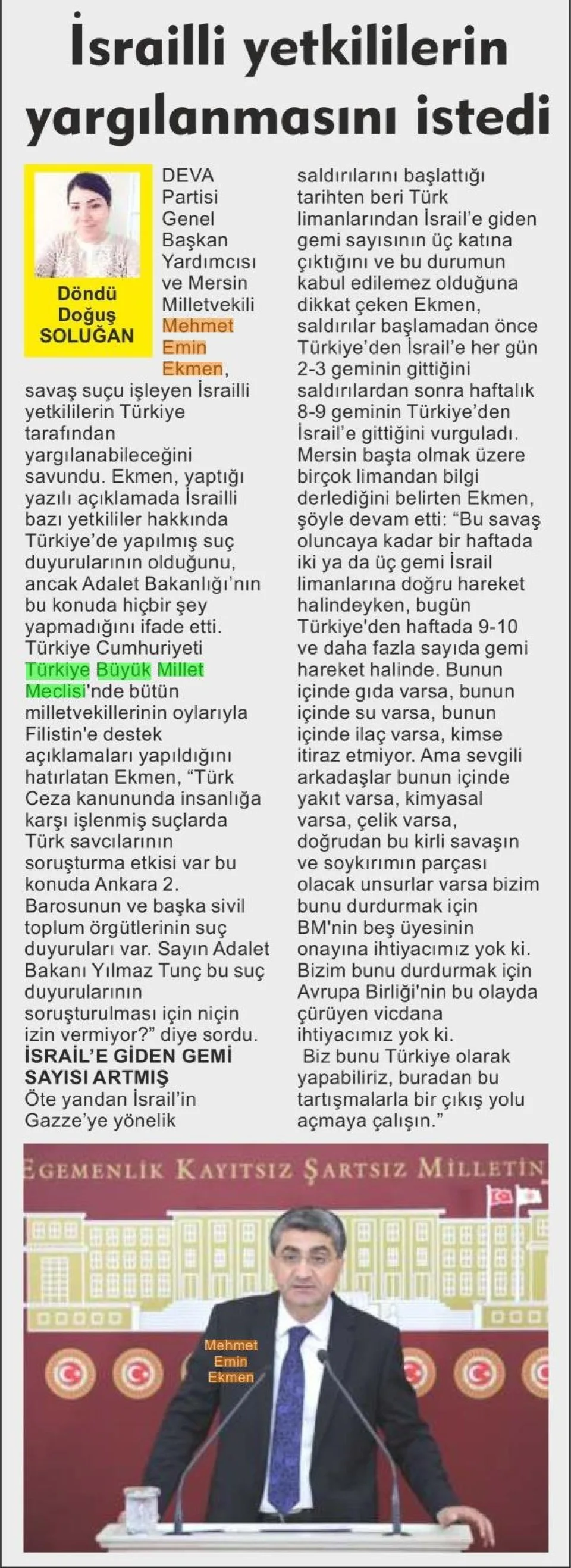 İSRAİLLİ YETKİLİLERİN YARGILANMASINI İSTEDİ — gazete kupürü