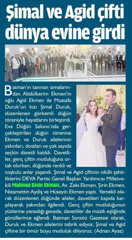 ŞİMAL VE AGİD ÇİFTİ DÜNYA EVİNE GİRDİ — gazete kupürü