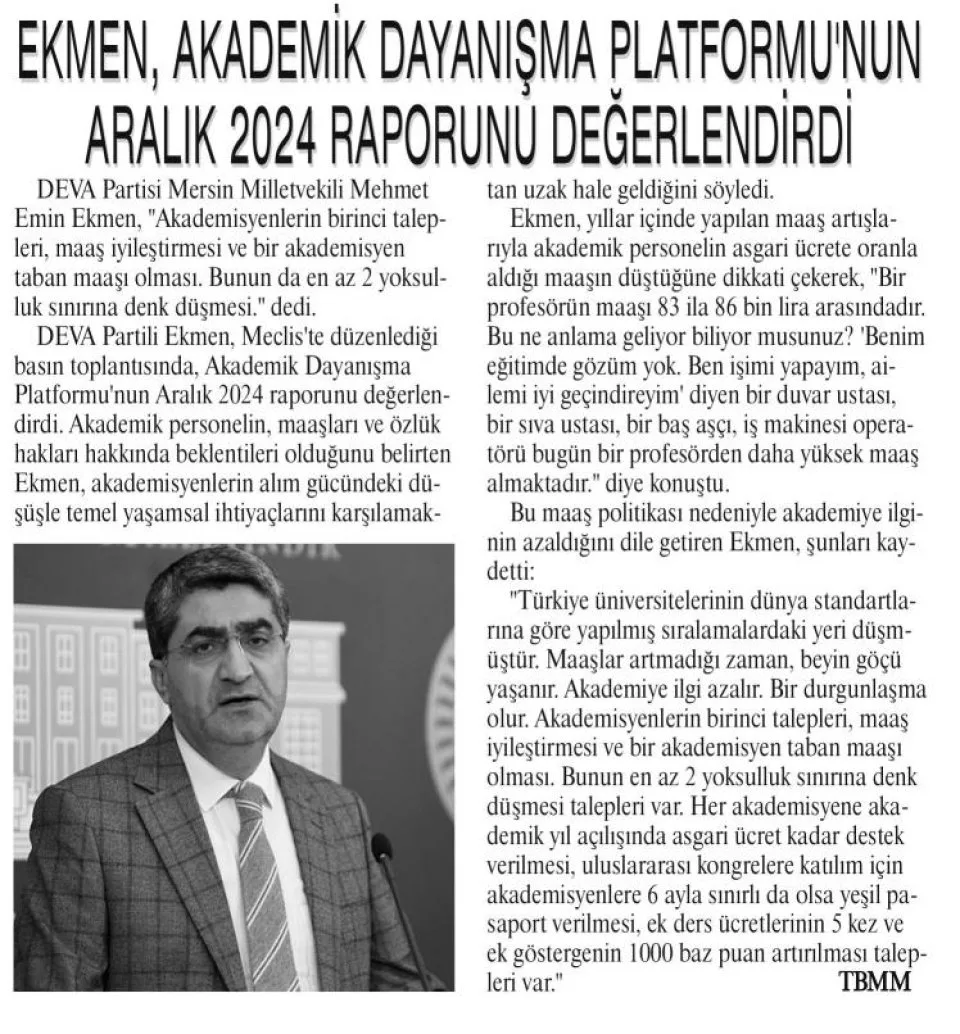 EKMEN, AKADEMİK DAYANIŞMA PLATFORMUNUN ARALIK 2024 RAPORUNU DEĞRLENDİRDİ — gazete kupürü