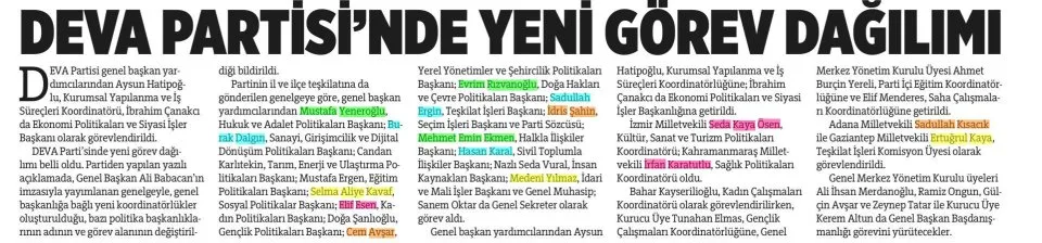DEVA PARTISI'NDE YENİ GÖREV DAĞILIMI — gazete kupürü