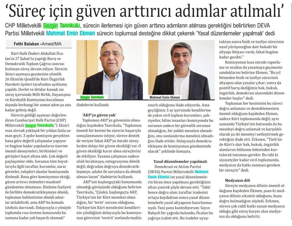 'SÜREÇ İÇİN GÜVEN ARTTIRICI ADIMLAR ATILMALI' — gazete kupürü