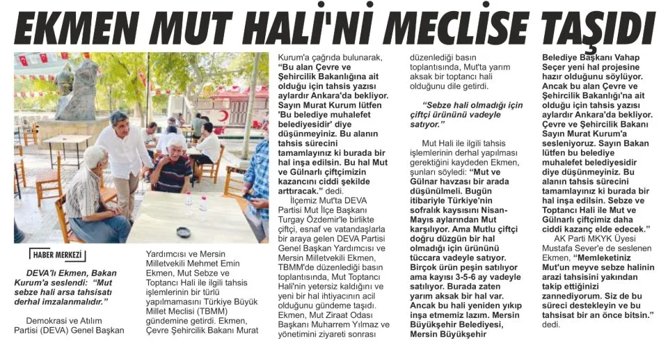 DEVA'LI EKMEN MUT HALI'NI MECLİSE TAŞIDI — gazete kupürü