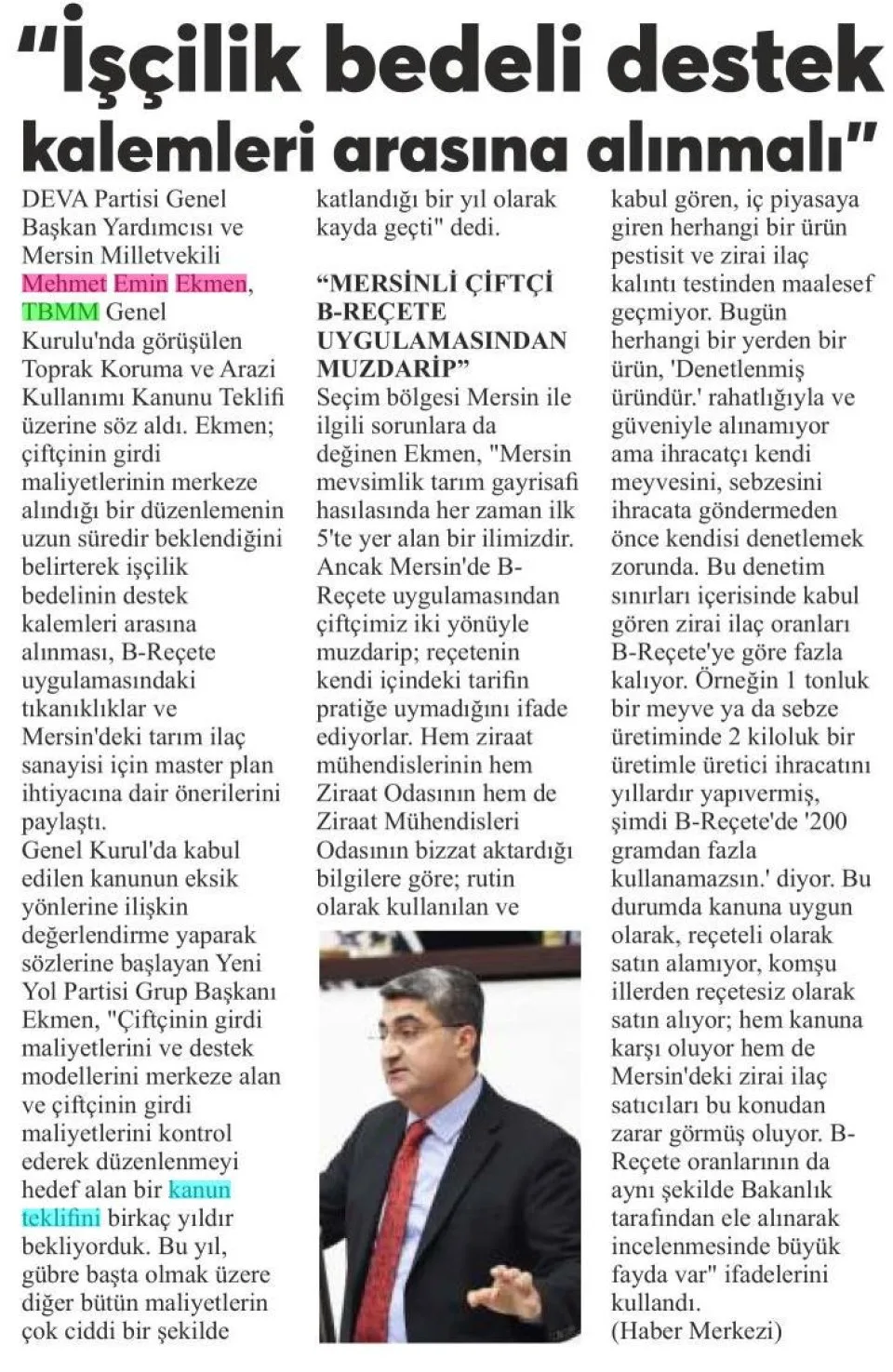 'MERSİNLİ ÇİFTÇİ B-REÇETE UYGULAMASINDAN MUZDARİP' — gazete kupürü