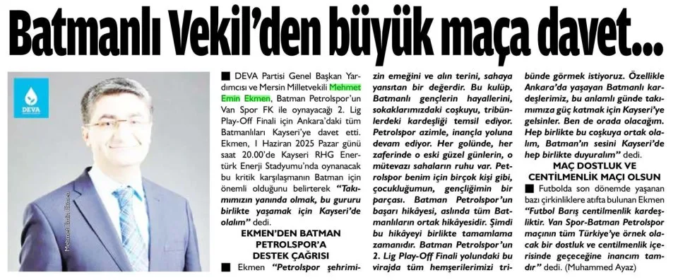 BATMANLI VEKİL'DEN BÜYÜK MAÇA DAVET — gazete kupürü