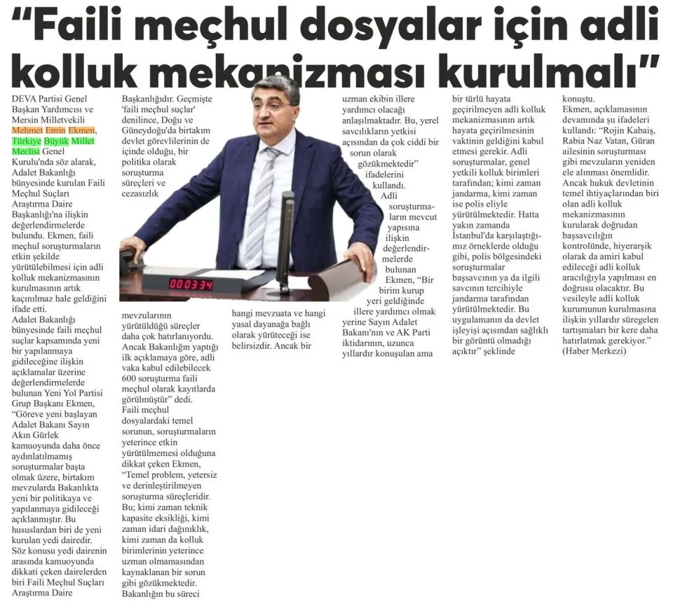 "FAİLİ MEÇHUL DOSYALAR İÇİN ADLİ KOLLUK MEKANİZMASI KURULMALI" — gazete kupürü