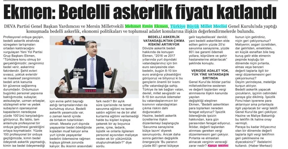 EKMEN: BEDELLİ ASKERLİK FİYATI KATLANDI — gazete kupürü