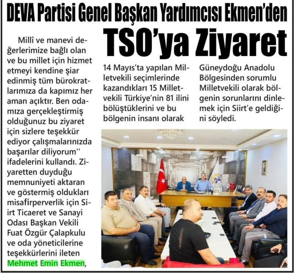 DEVA PARTİSİ GENEL BAŞKAN YARDIMCISI EKMENDEN TSO'YA ZİYARET — gazete kupürü