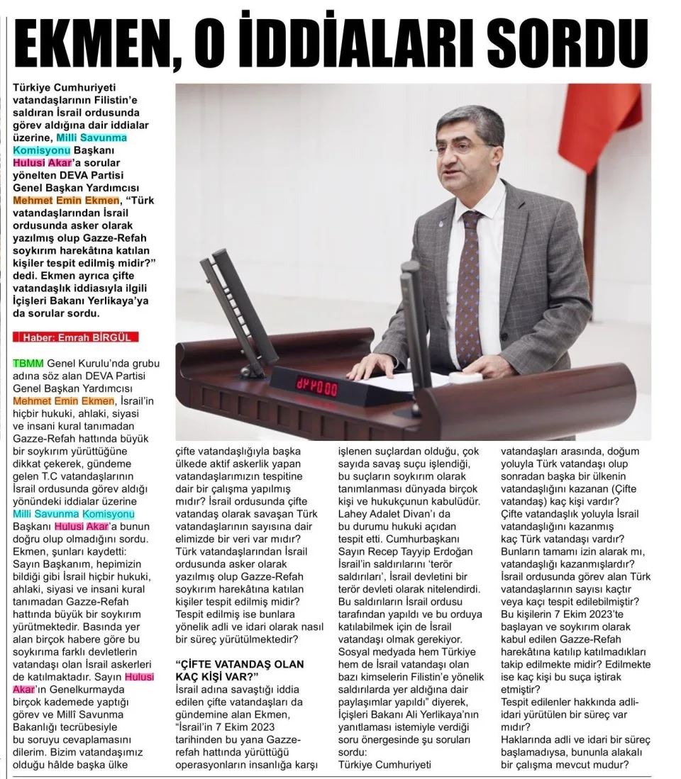EKMEN, O İDDİALARI SORDU — gazete kupürü