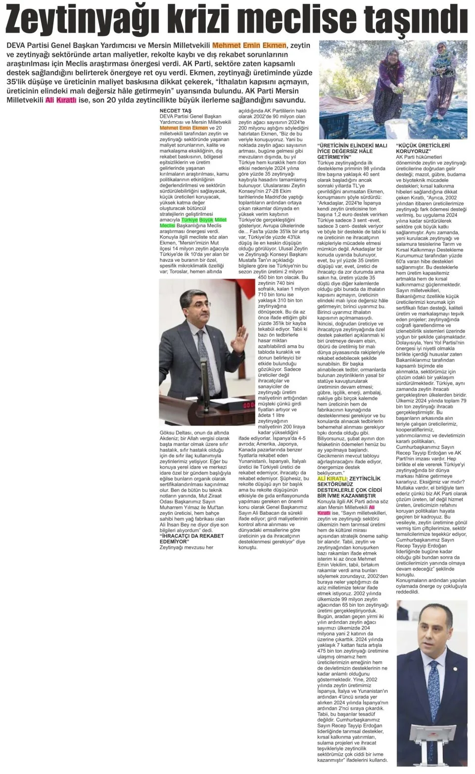ZEYTİN ÜRETİCİSİNİN FERYADI MECLİSTE! — gazete kupürü