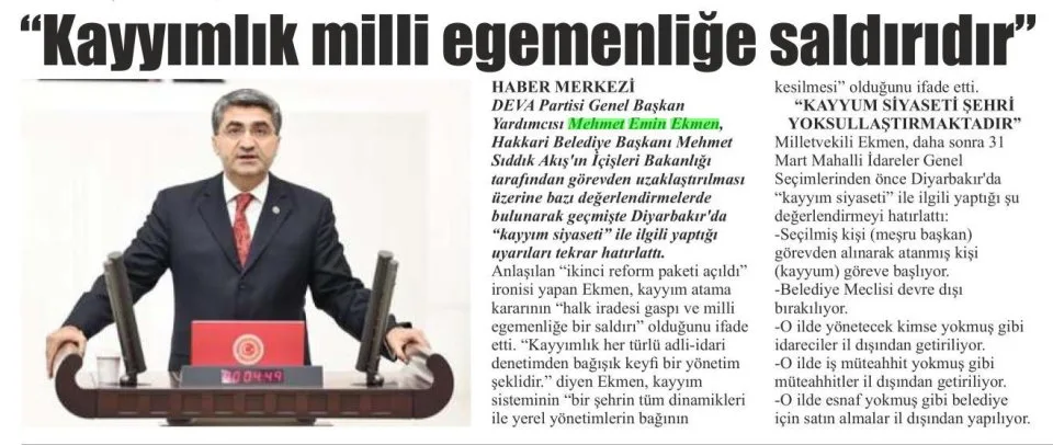 "KAYYIMLIK MİLLİ EGEMENLİĞE SALDIRIDIR" — gazete kupürü