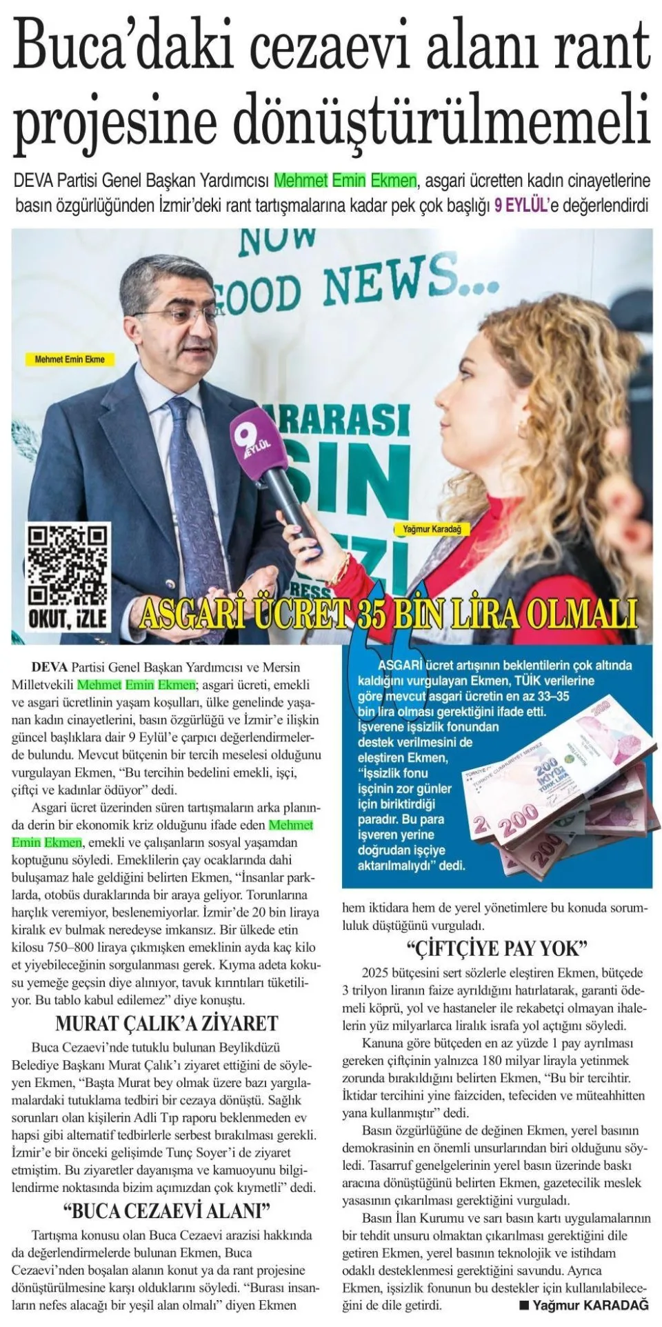 BUCA CEZAEVİ RANTA AÇILMAMALI — gazete kupürü