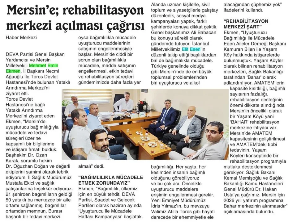 MERSİN'E REHABİLİTASYON MERKEZİ AÇILMASI ÇAĞRISI — gazete kupürü