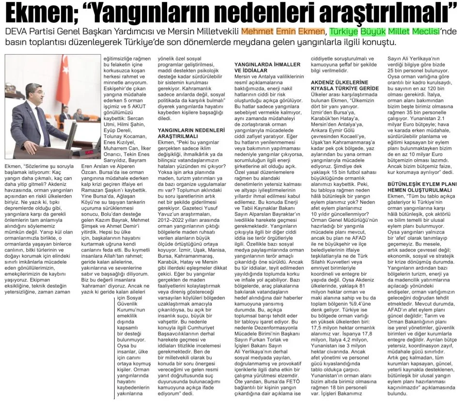 EKMEN: YANGINLARIN NEDENLERİ ARAŞTIRILMALI — gazete kupürü